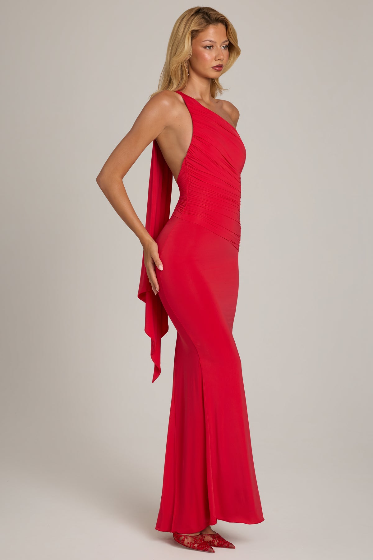 Jersey One-Shoulder Maxi Dress in Scarlet Red