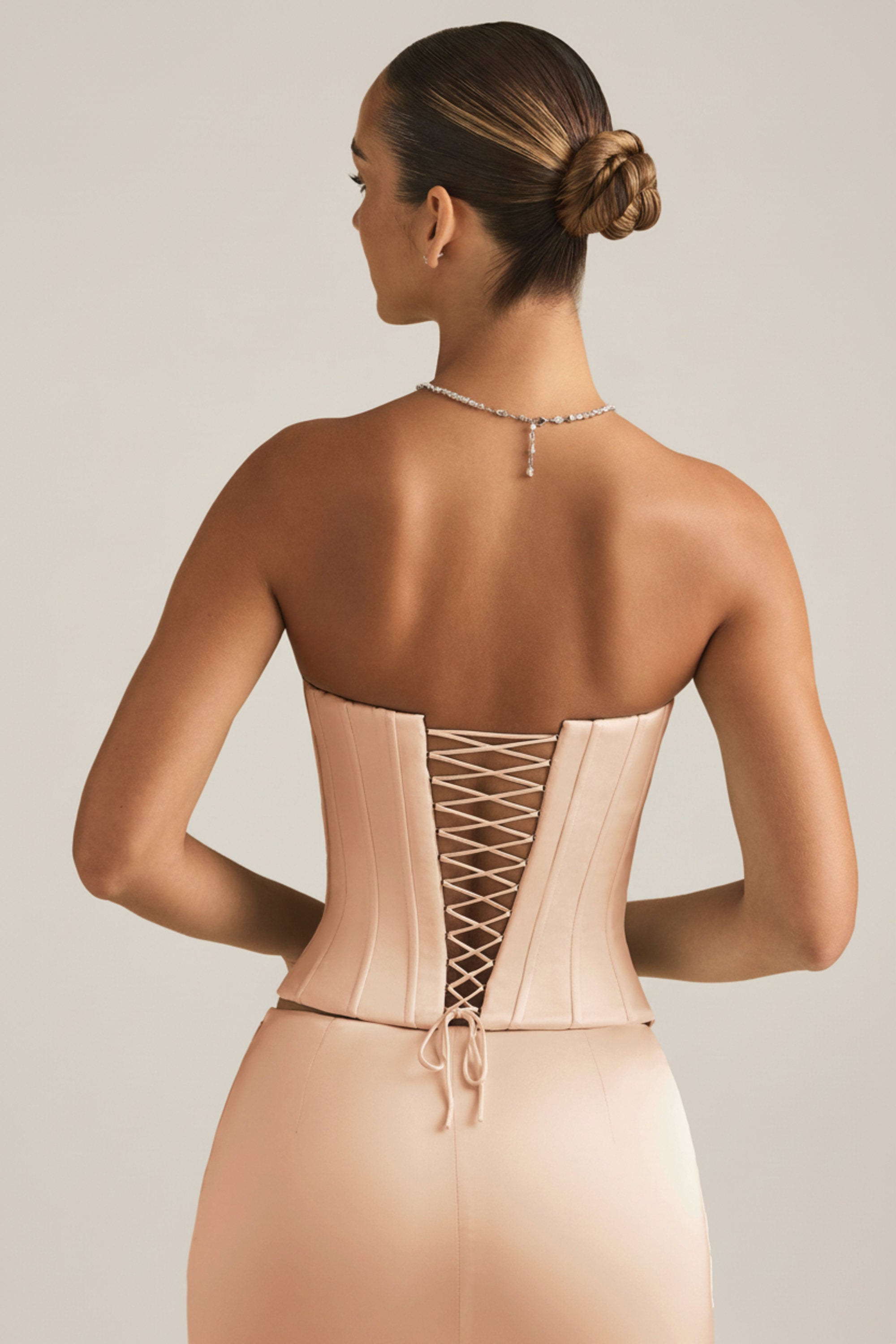 Araminta Full-Length Lace-Up Corset Top in Beige Gold | Oh Polly