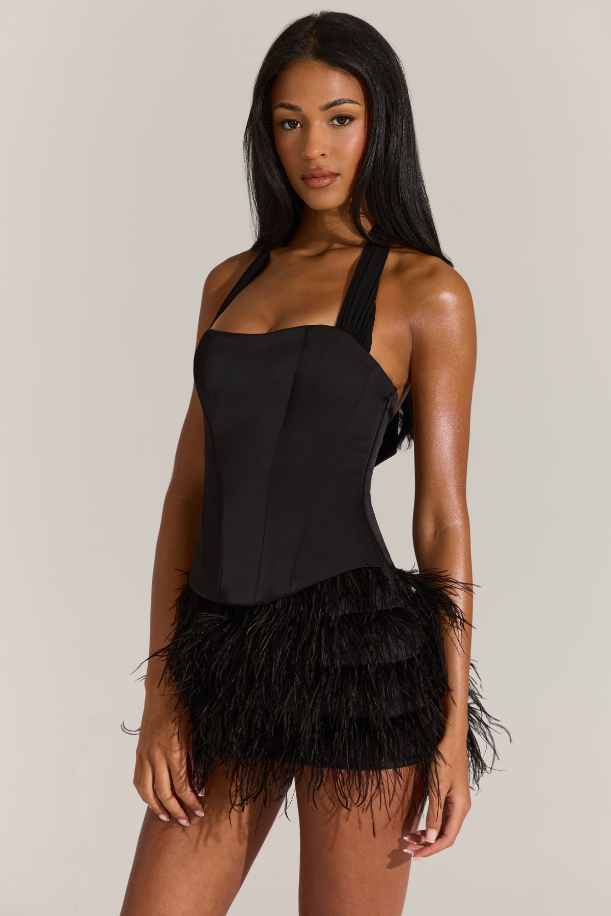 Satin Corset Feathered Mini Dress in Black