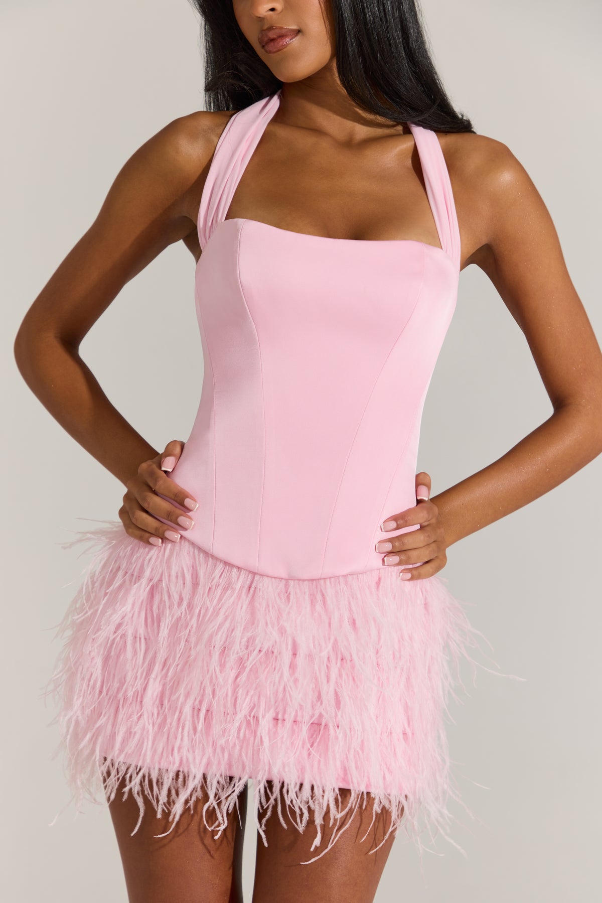 Satin Corset Feathered Mini Dress in Blossom Pink