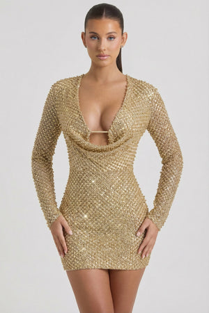 Embellished Cowl-Neck Mini Dress in Gold - 2 | Oh Polly Embellished Cowl-Neck Mini Dress in Gold - 2 | Oh Polly