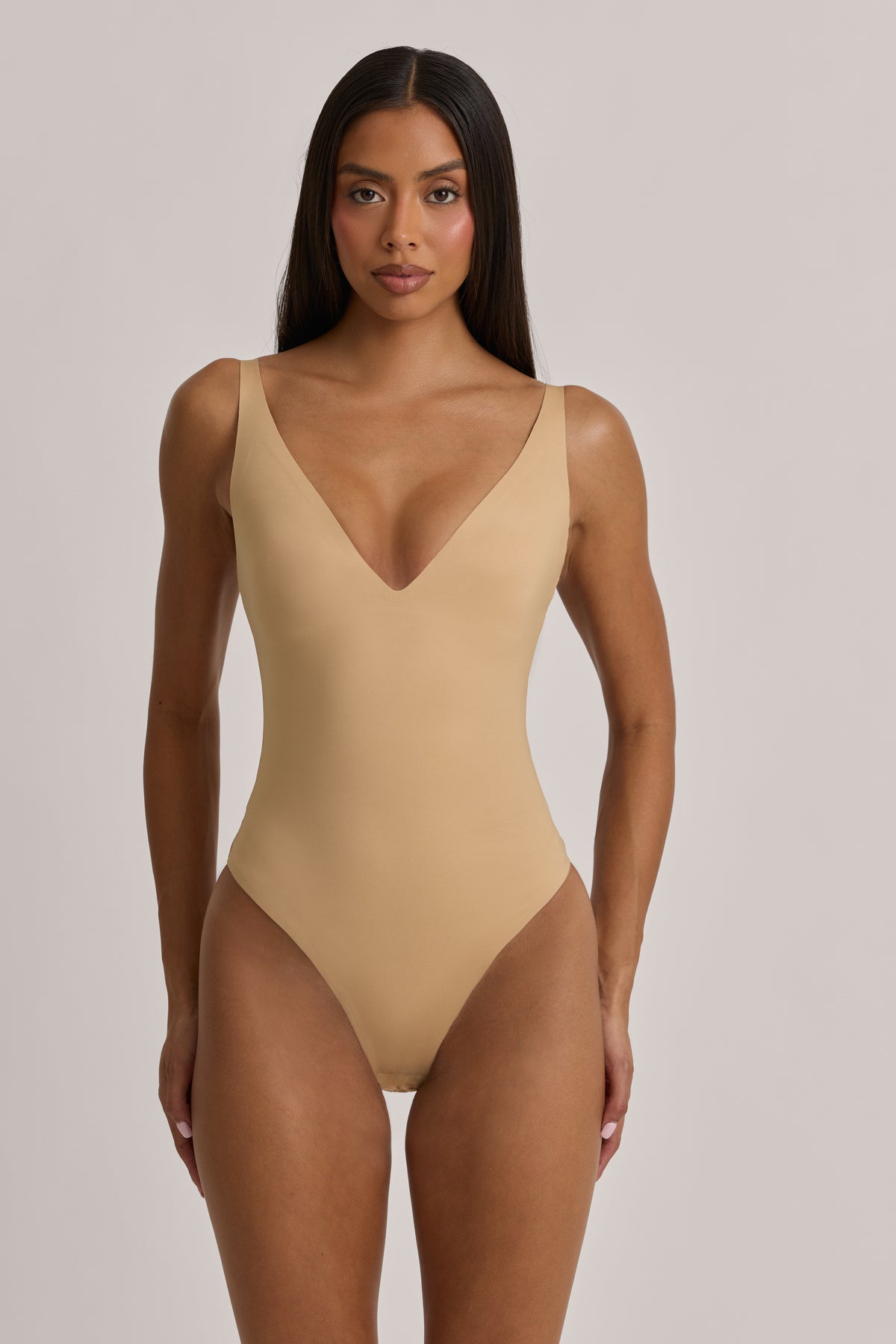 V-Neck Thong Bodysuit in Warm Peach