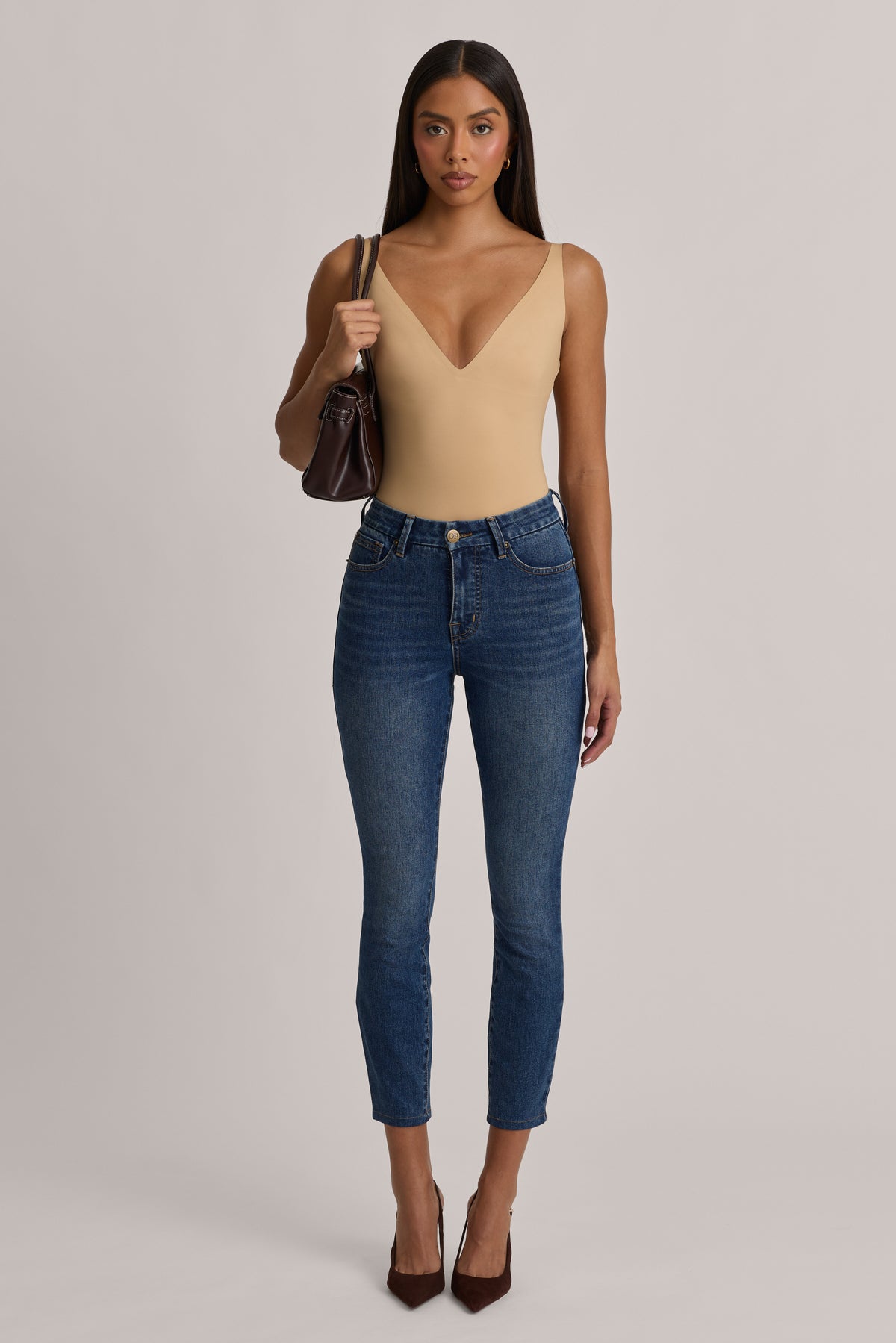 V-Neck Thong Bodysuit in Warm Peach