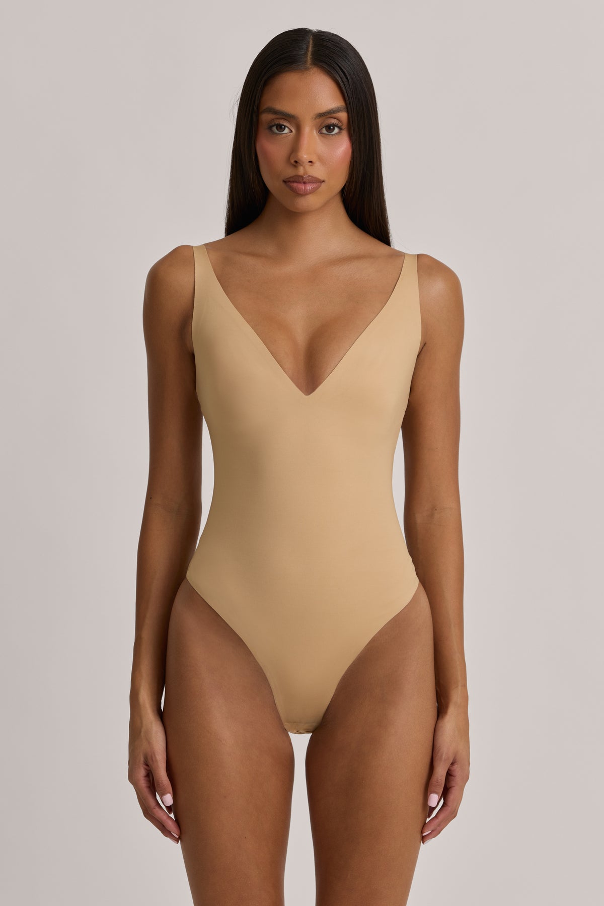 V-Neck Thong Bodysuit in Warm Peach