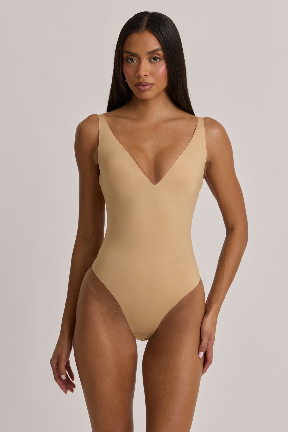V-Neck Thong Bodysuit in Warm Peach