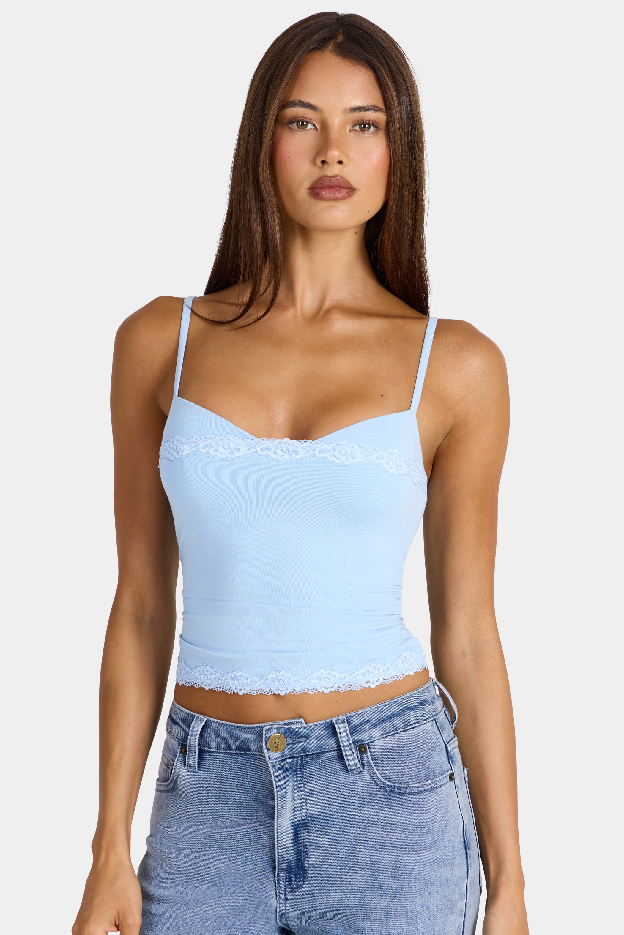 Modal Lace-Trim Peekaboo Tank Top in Arctic Blue