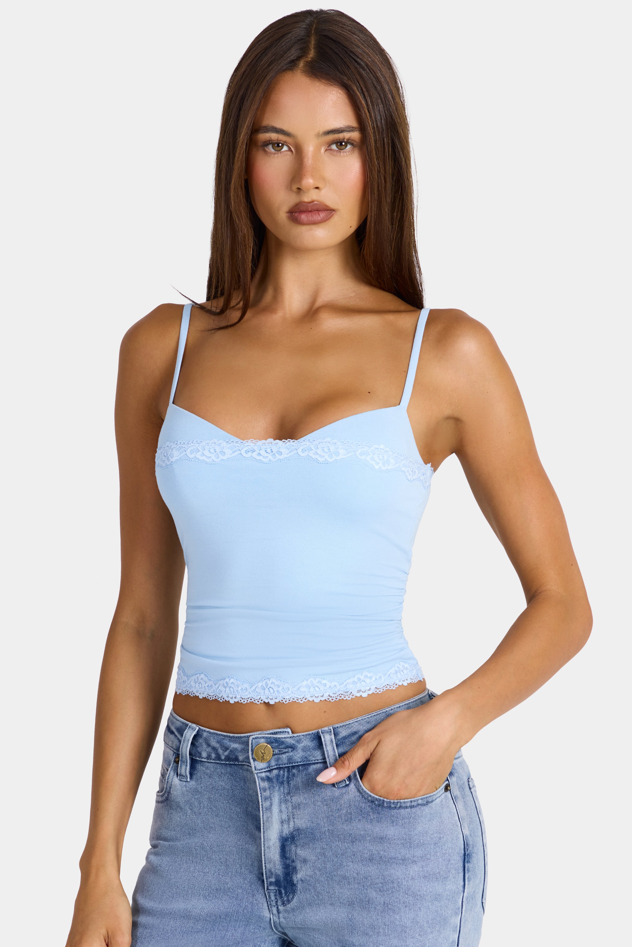 Modal Lace-Trim Peekaboo Tank Top in Arctic Blue