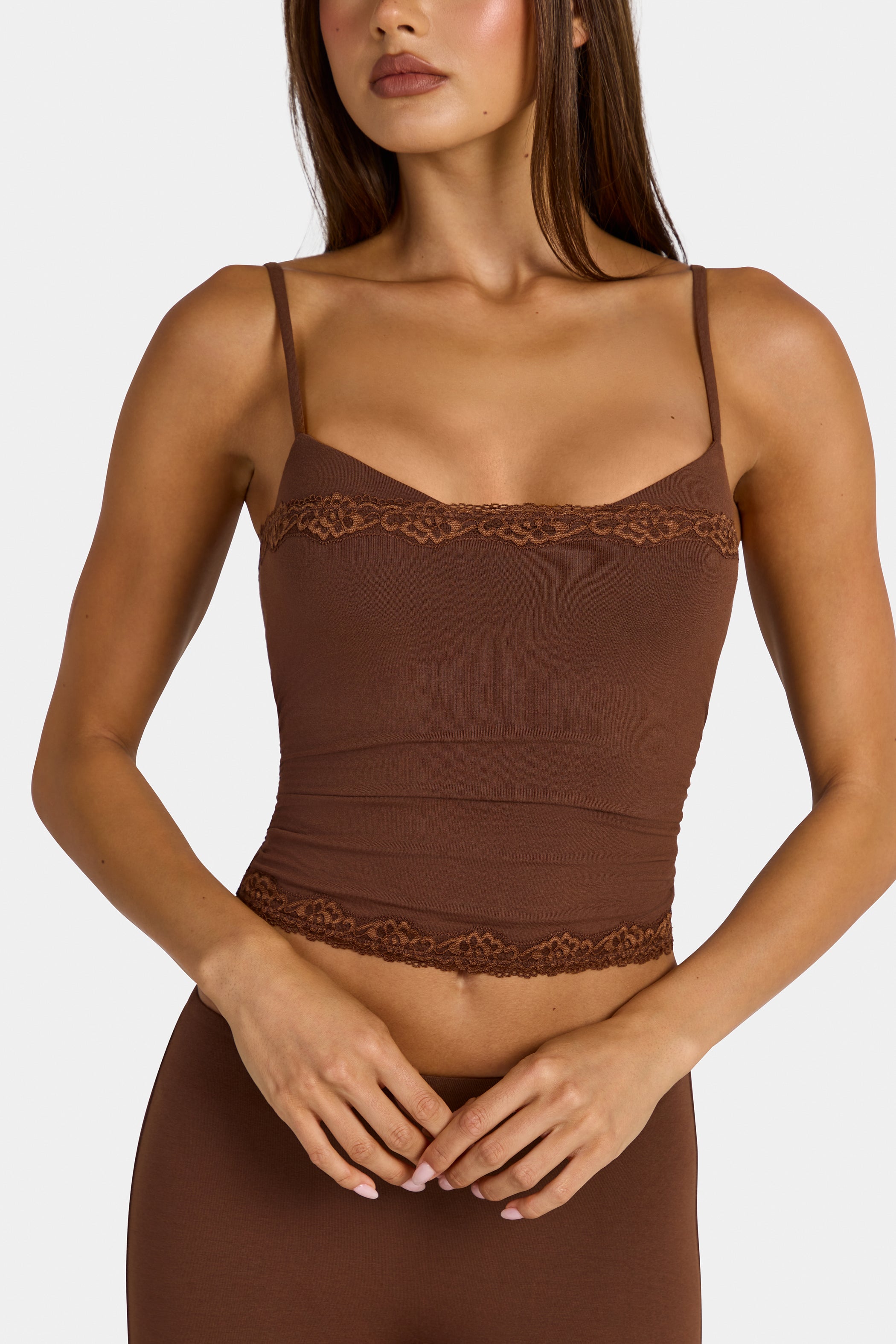 Modal Lace-Trim Peekaboo Tank Top in Cocoa Brown