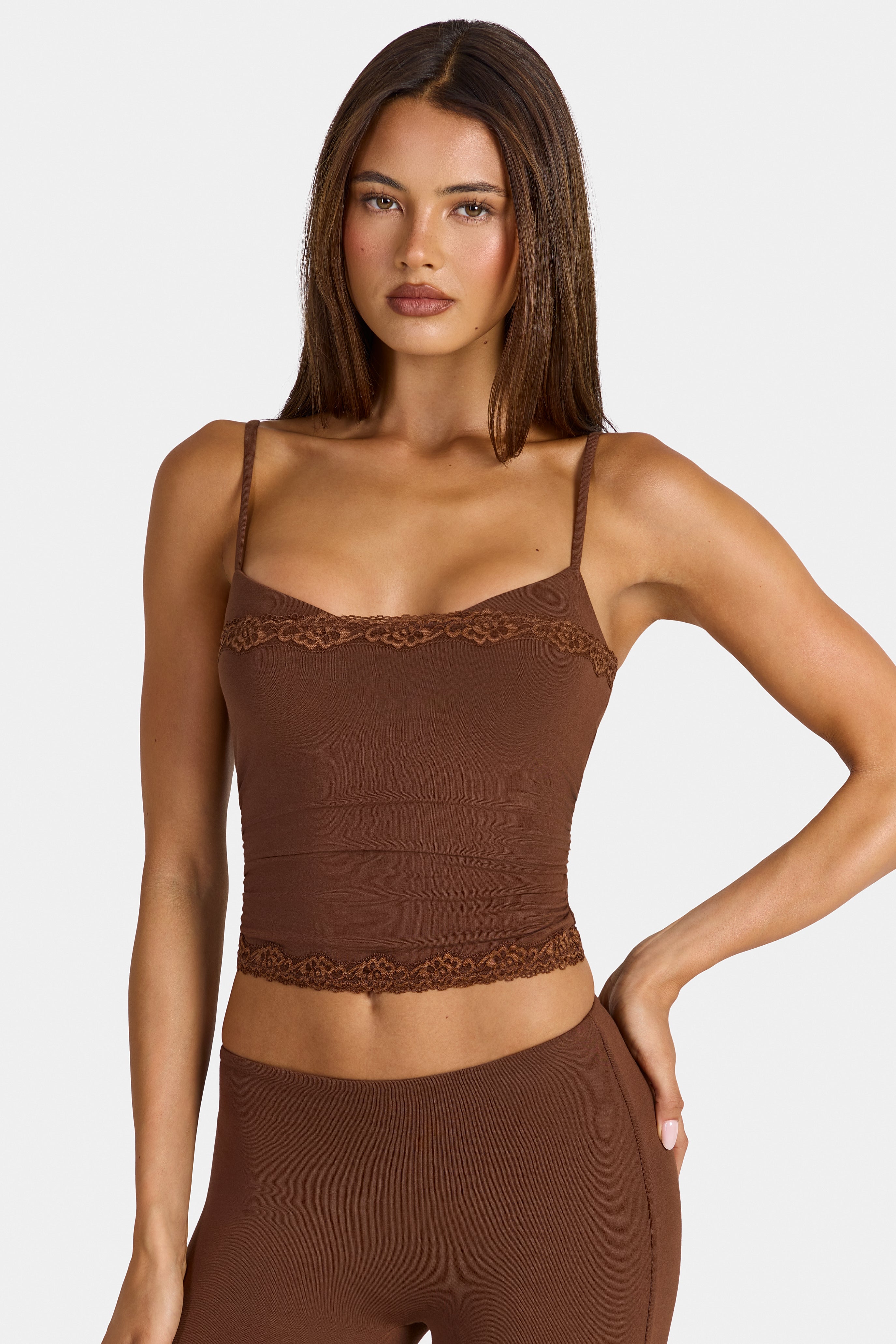 Arna Modal Lace-Trim Peekaboo Tank Top in Cocoa Brown | Oh Polly