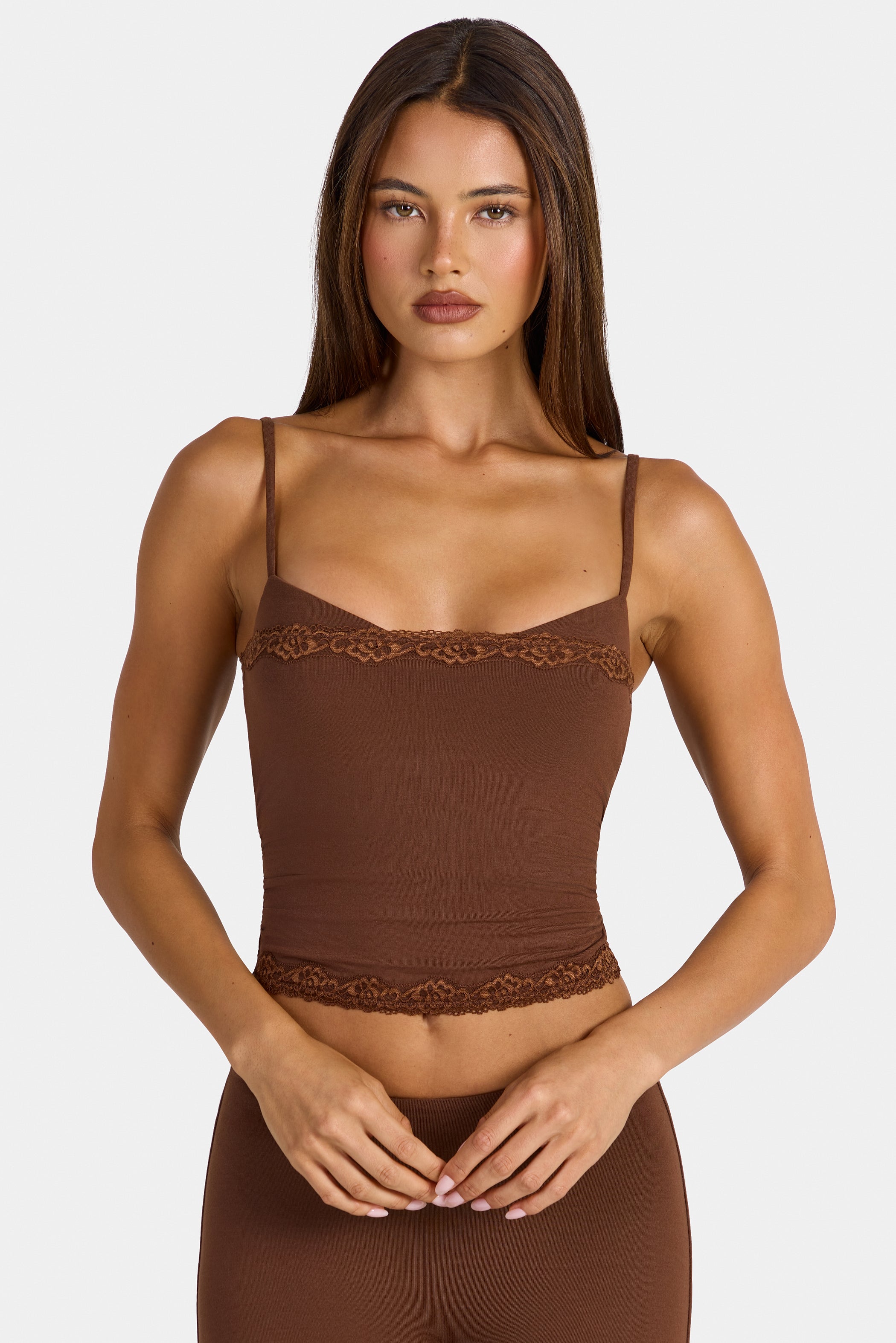 Modal Lace-Trim Peekaboo Tank Top in Cocoa Brown