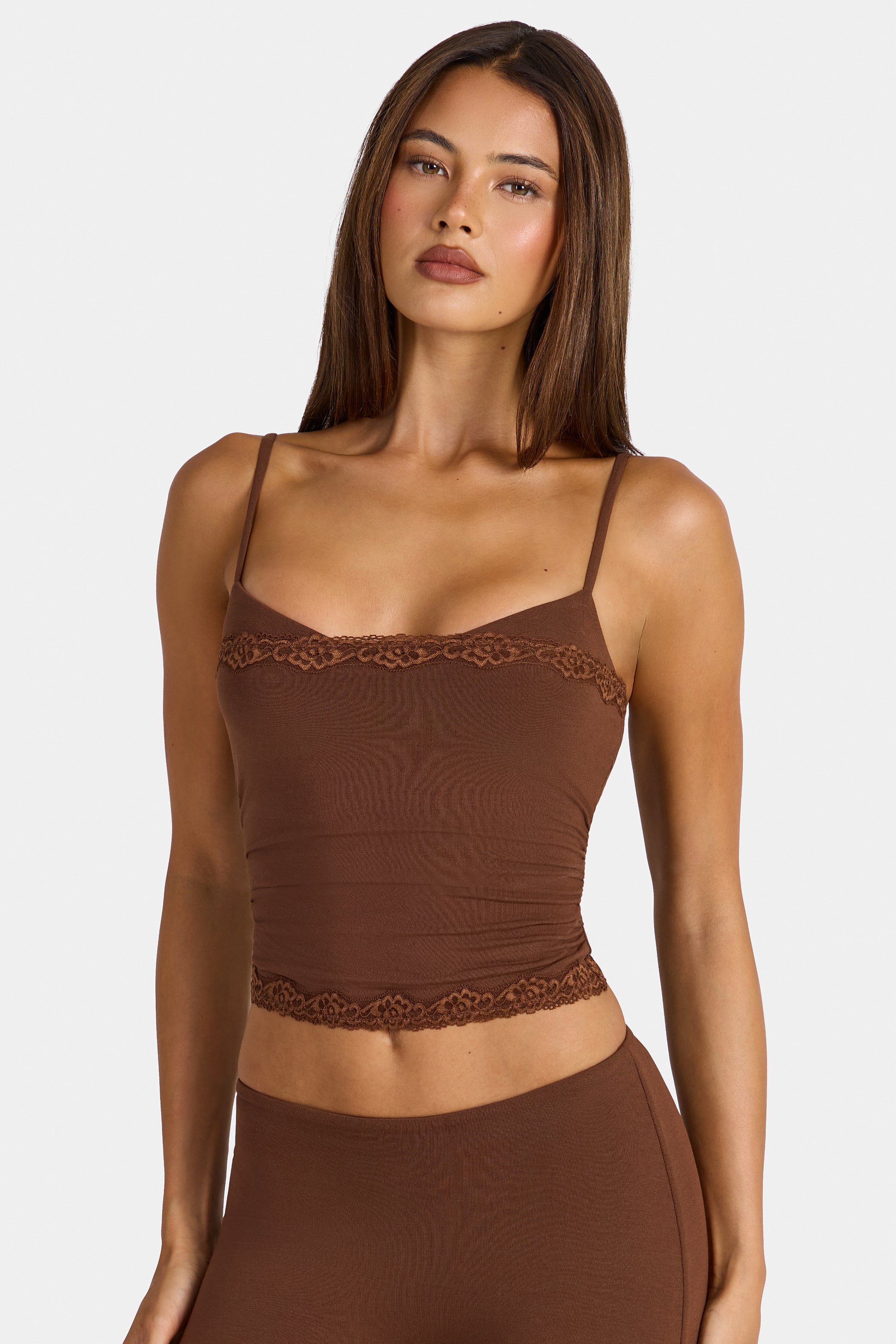Modal Lace-Trim Peekaboo Tank Top in Cocoa Brown