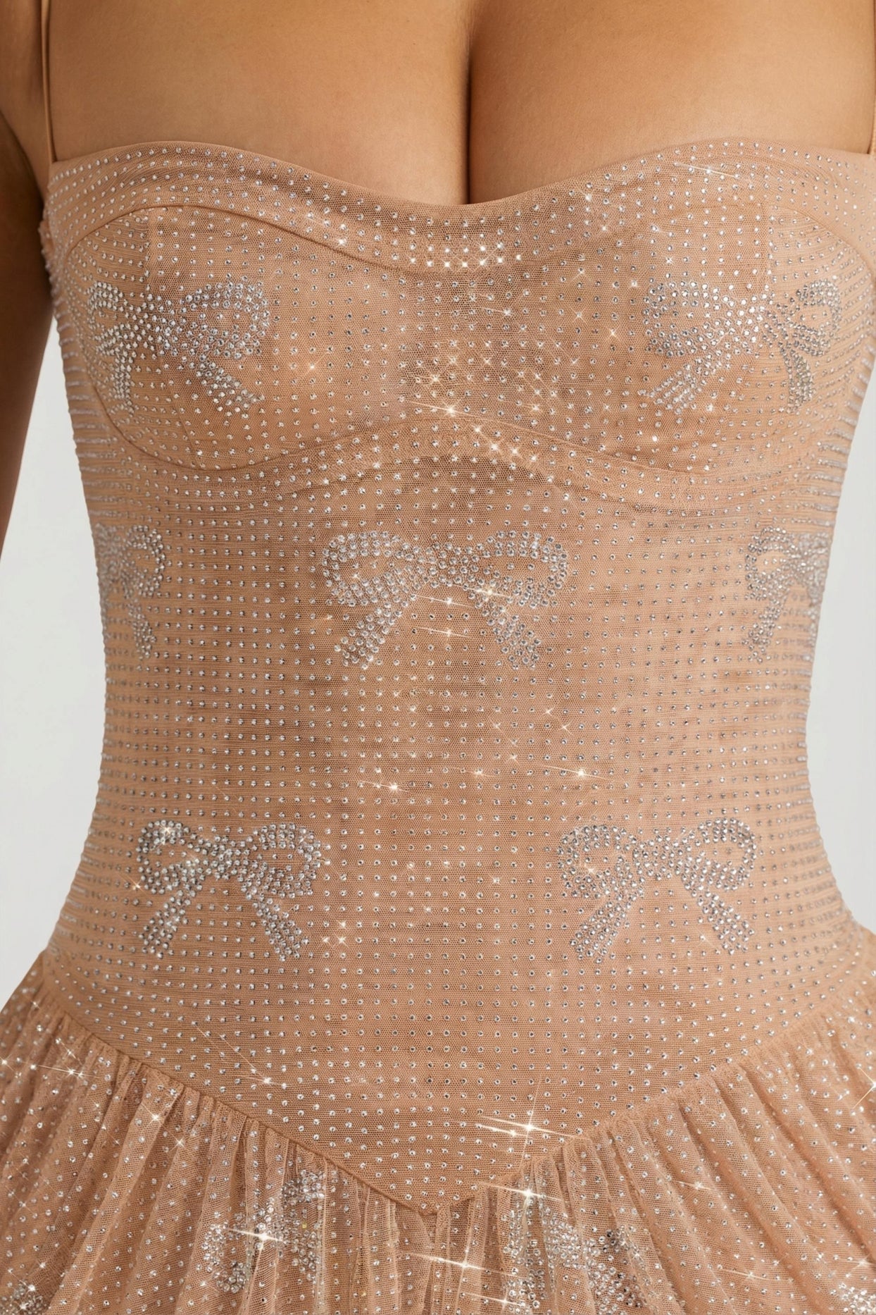 Embellished Strappy Skater Mini Dress in Almond - 8