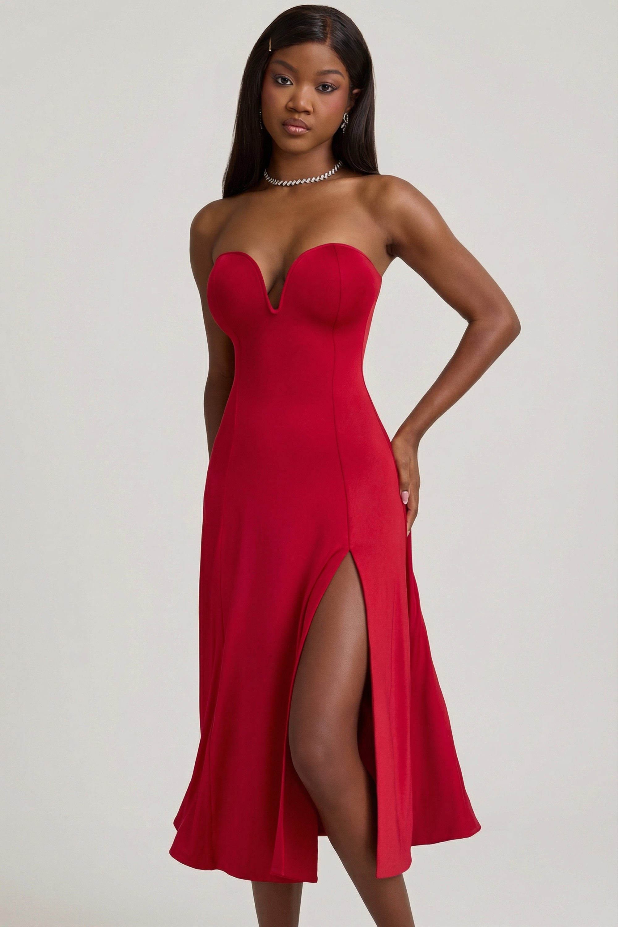 Aurea Slinky Jersey Strapless A-Line Midaxi Dress in True Red