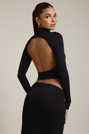 Modal Ruched Backless Turtleneck Top in Black