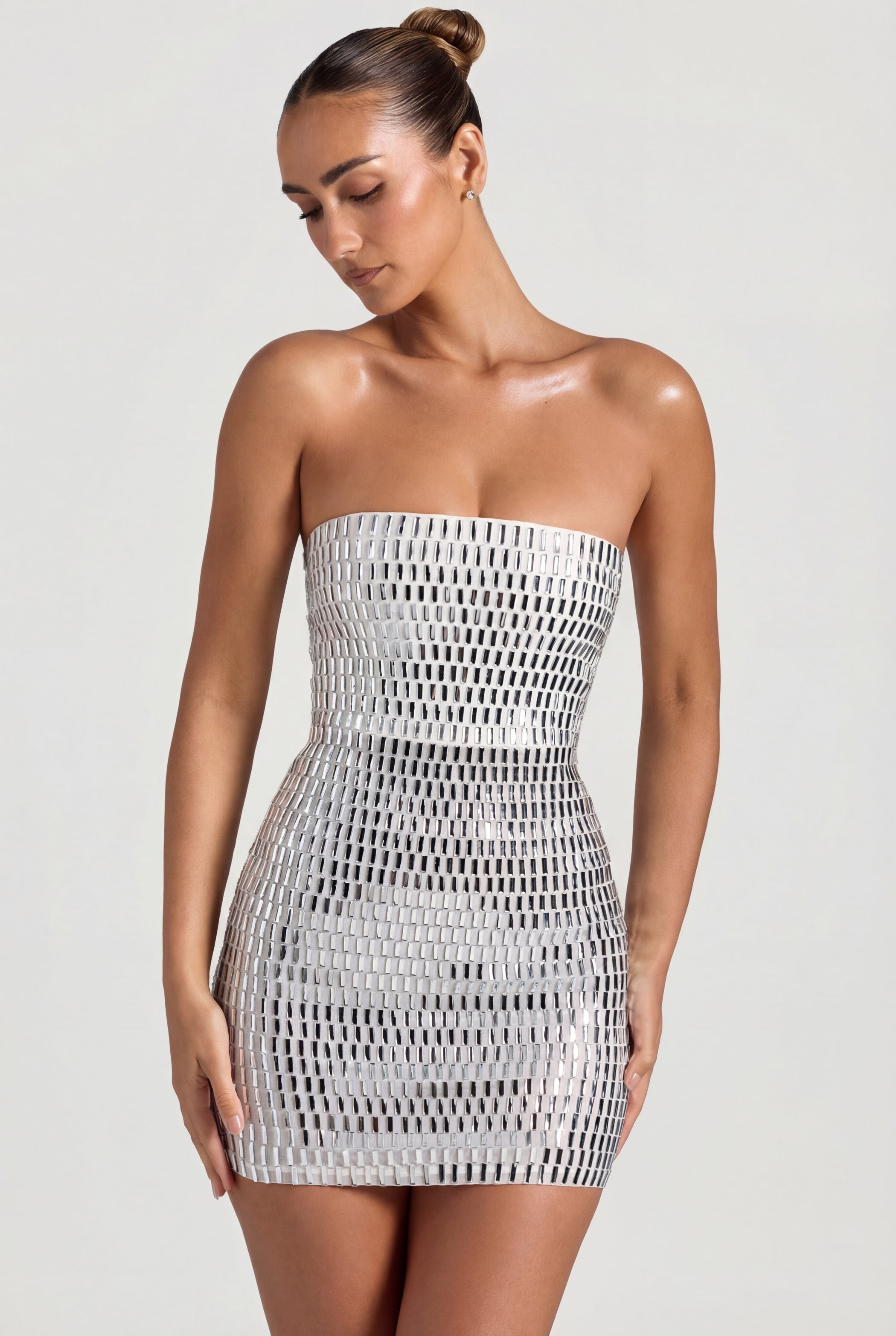 Embellished Bandeau Mini Dress in Diamond