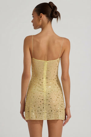 Averie Sheer Embellished Square-Neck Mini Dress in Yellow | Oh Polly Averie Sheer Embellished Square-Neck Mini Dress in Yellow | Oh Polly