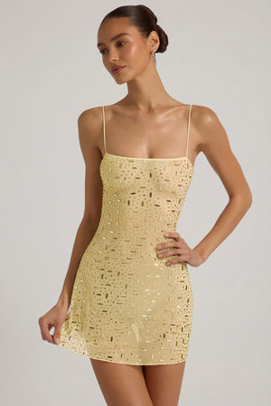 Sheer Embellished Square-Neck Mini Dress in Yellow