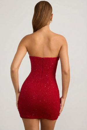 Embellished Strapless Cowl-Neck Mini Dress in True Red - 2 | Oh Polly Embellished Strapless Cowl-Neck Mini Dress in True Red - 2 | Oh Polly
