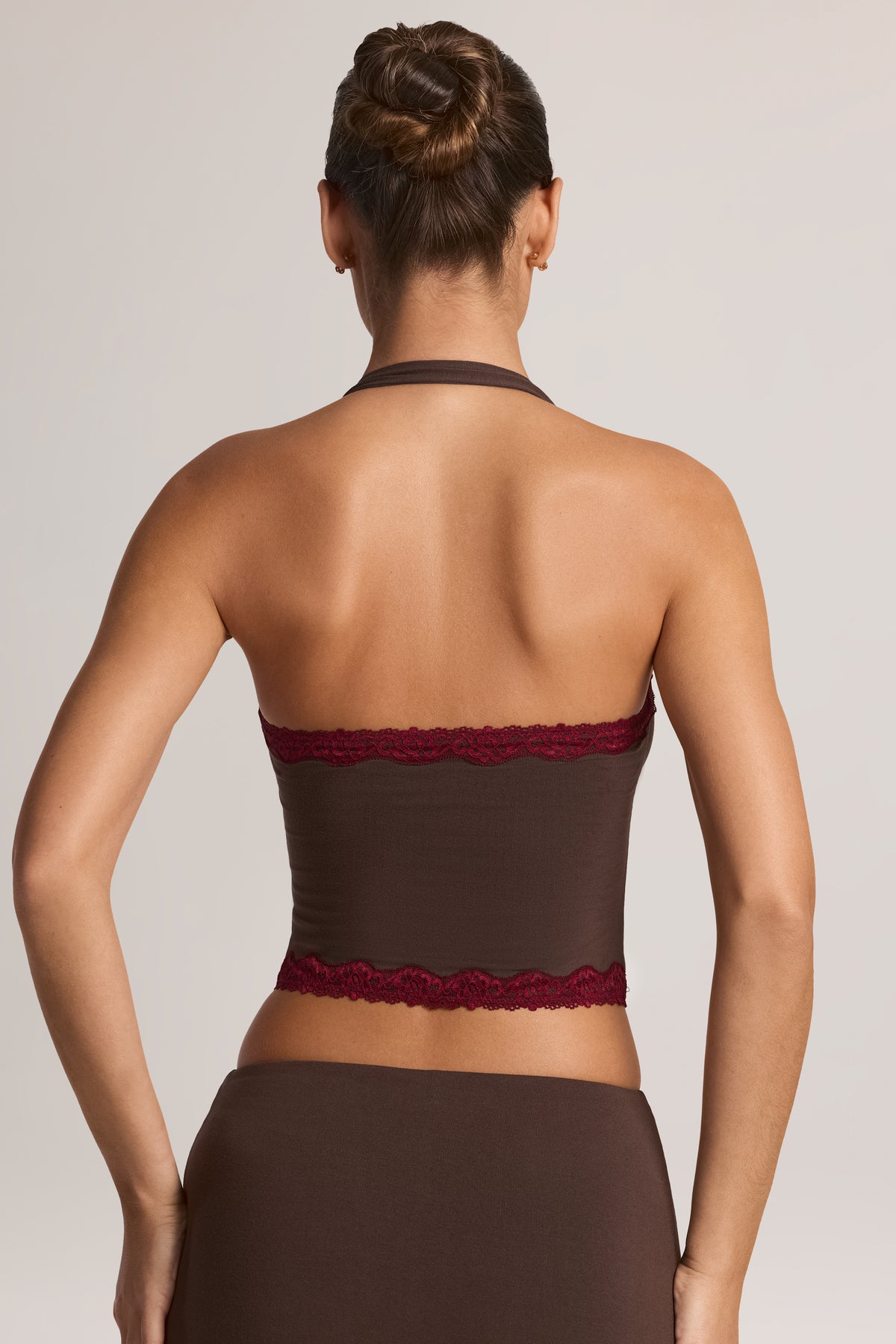 Modal Lace-Trim Halterneck Top in Chocolate Brown - 2