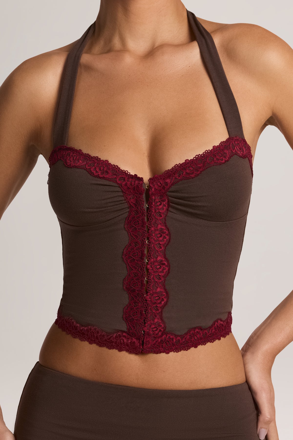 Modal Lace-Trim Halterneck Top in Chocolate Brown - 1