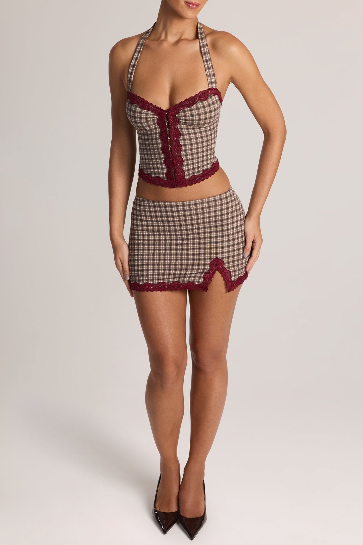 Modal Lace-Trim Halterneck Top in Square Check Print