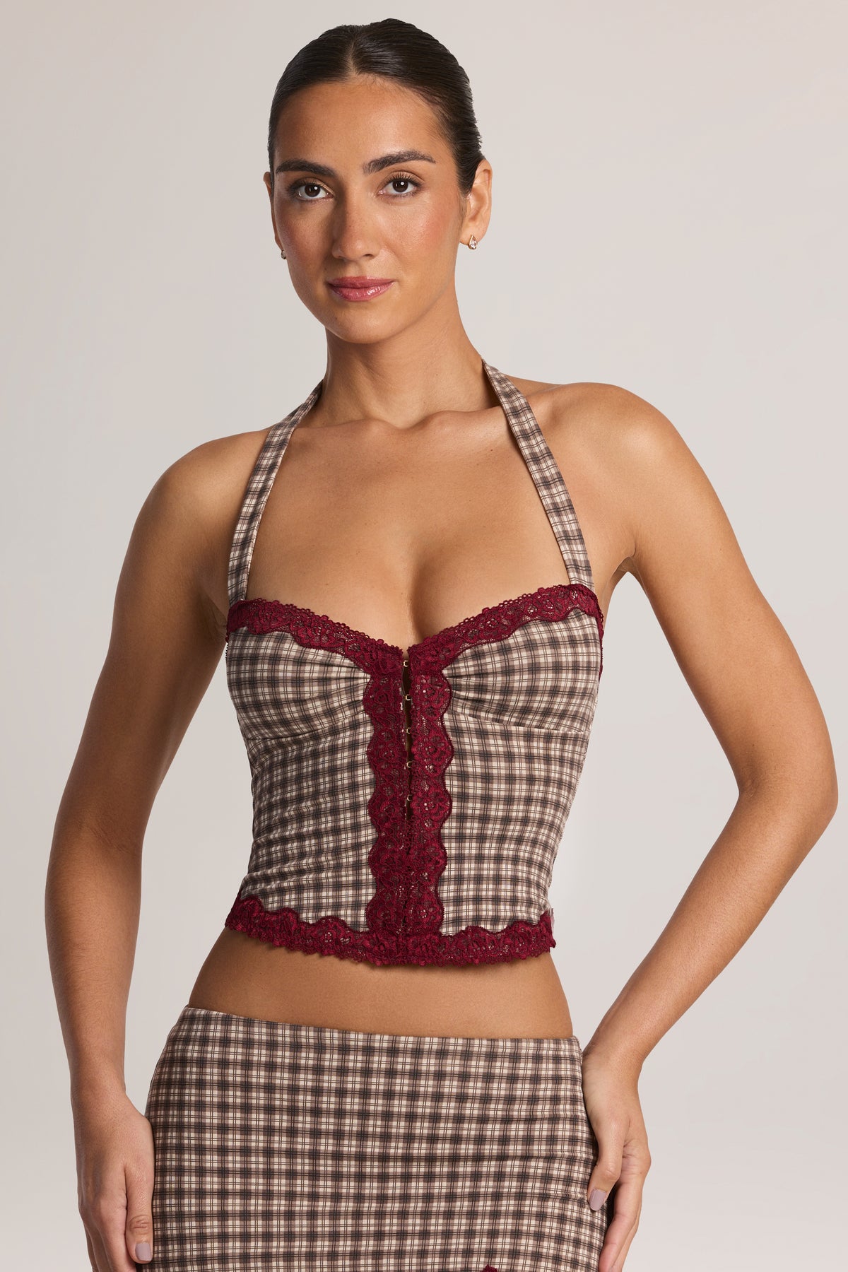 Modal Lace-Trim Halterneck Top in Square Check Print