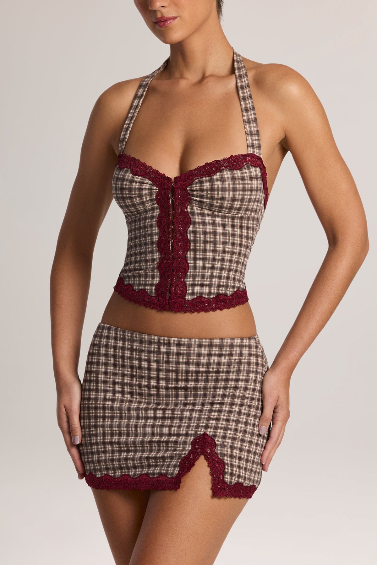 Modal Lace-Trim Halterneck Top in Square Check Print - 1