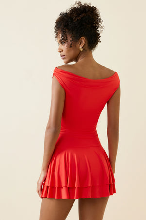Oh Polly's Duda wearing the Bellona Mini Dress in Scarlet Jersey fabric perfect for cocktail parties