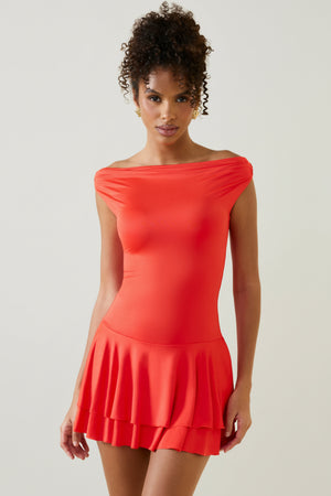 Oh Polly's Duda wearing the Bellona Mini Dress in Scarlet Jersey fabric perfect for girls' night