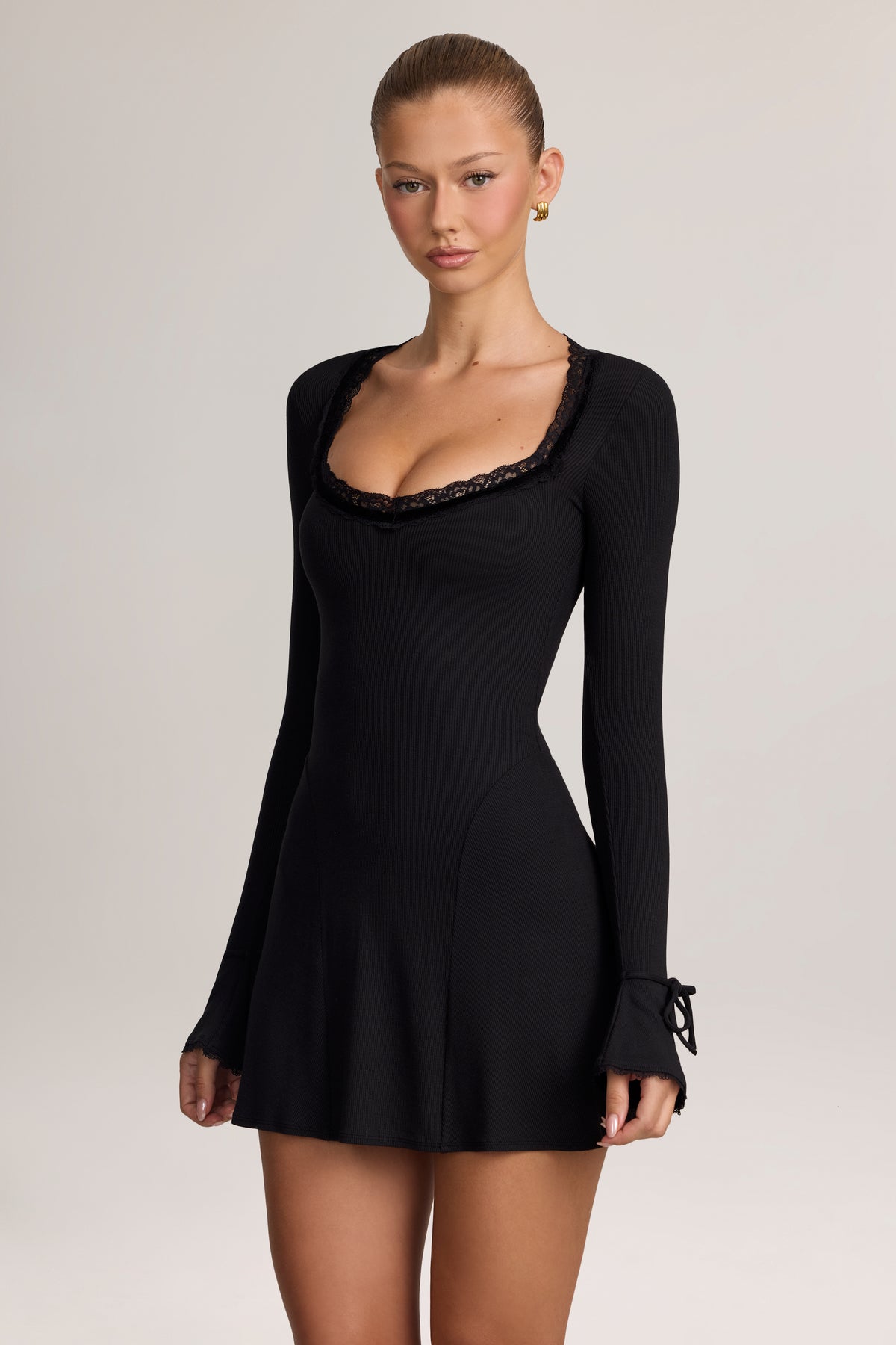 Ribbed Modal Lace-Trim Mini Dress in Black