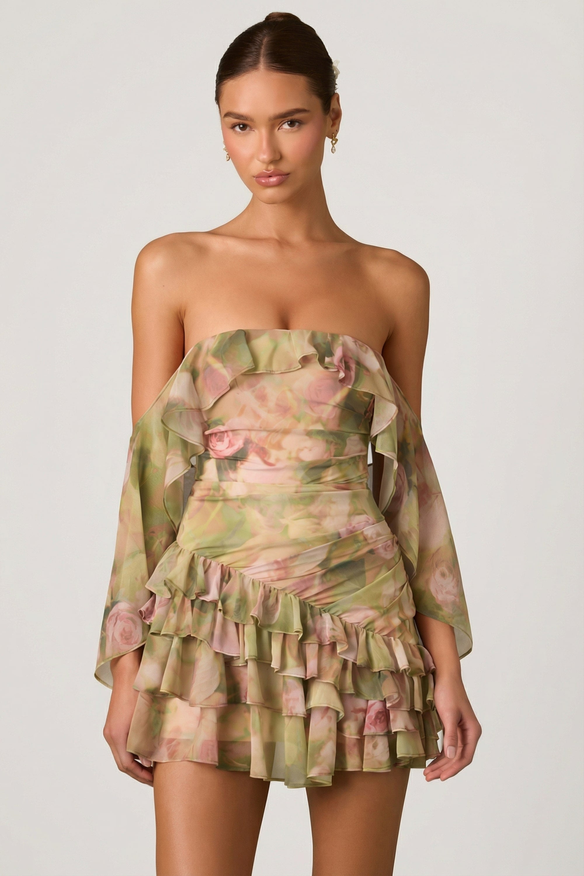 Off-Shoulder Ruffled Mini Dress in Floral Multi Print - 6