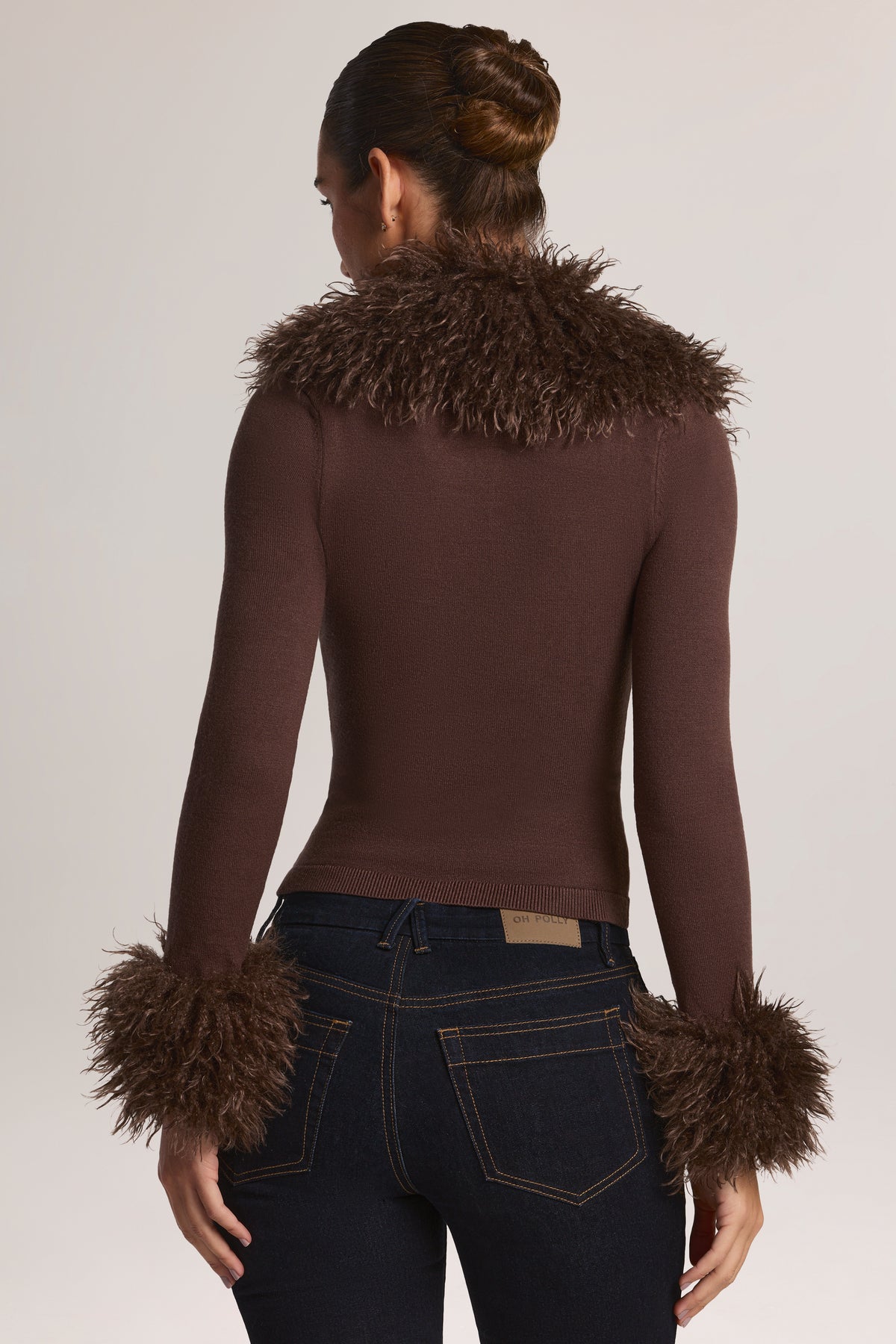 Mongolian Fur-Trim Cardigan in Chocolate Brown - 2