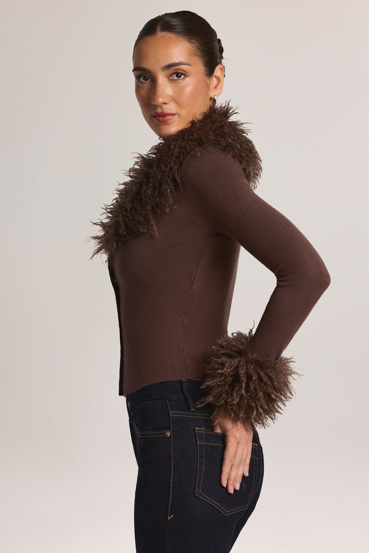 Mongolian Fur-Trim Cardigan in Chocolate Brown