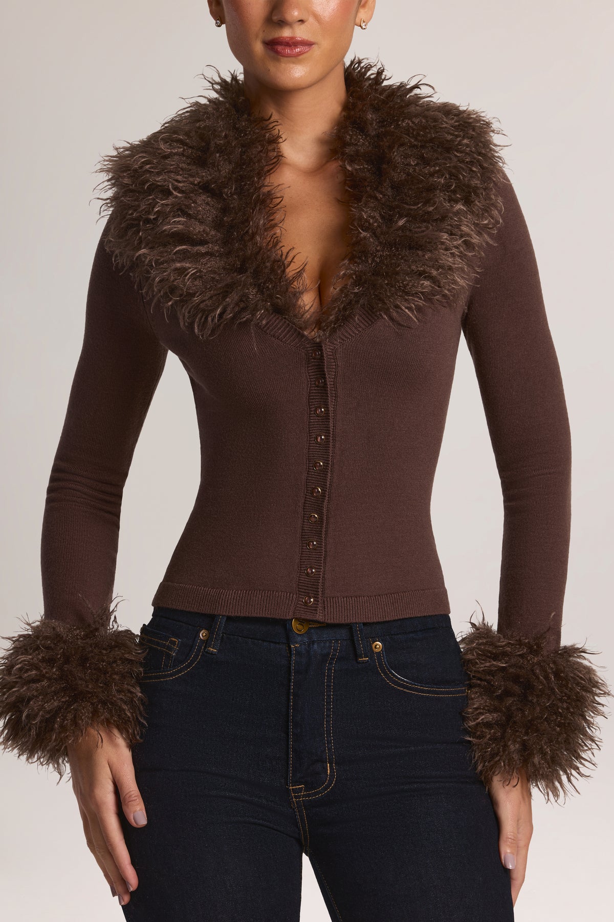 Mongolian Fur-Trim Cardigan in Chocolate Brown