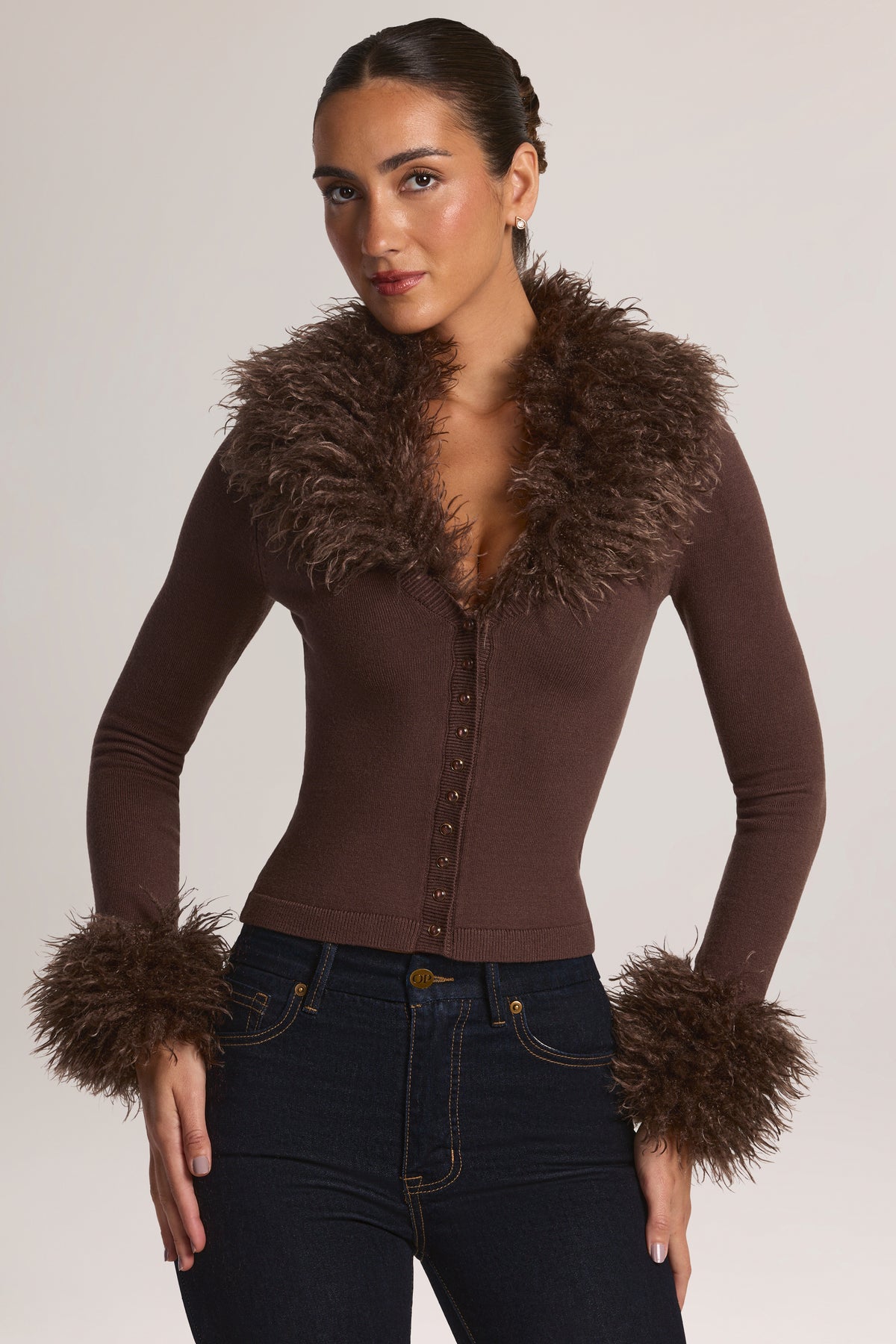 Mongolian Fur-Trim Cardigan in Chocolate Brown