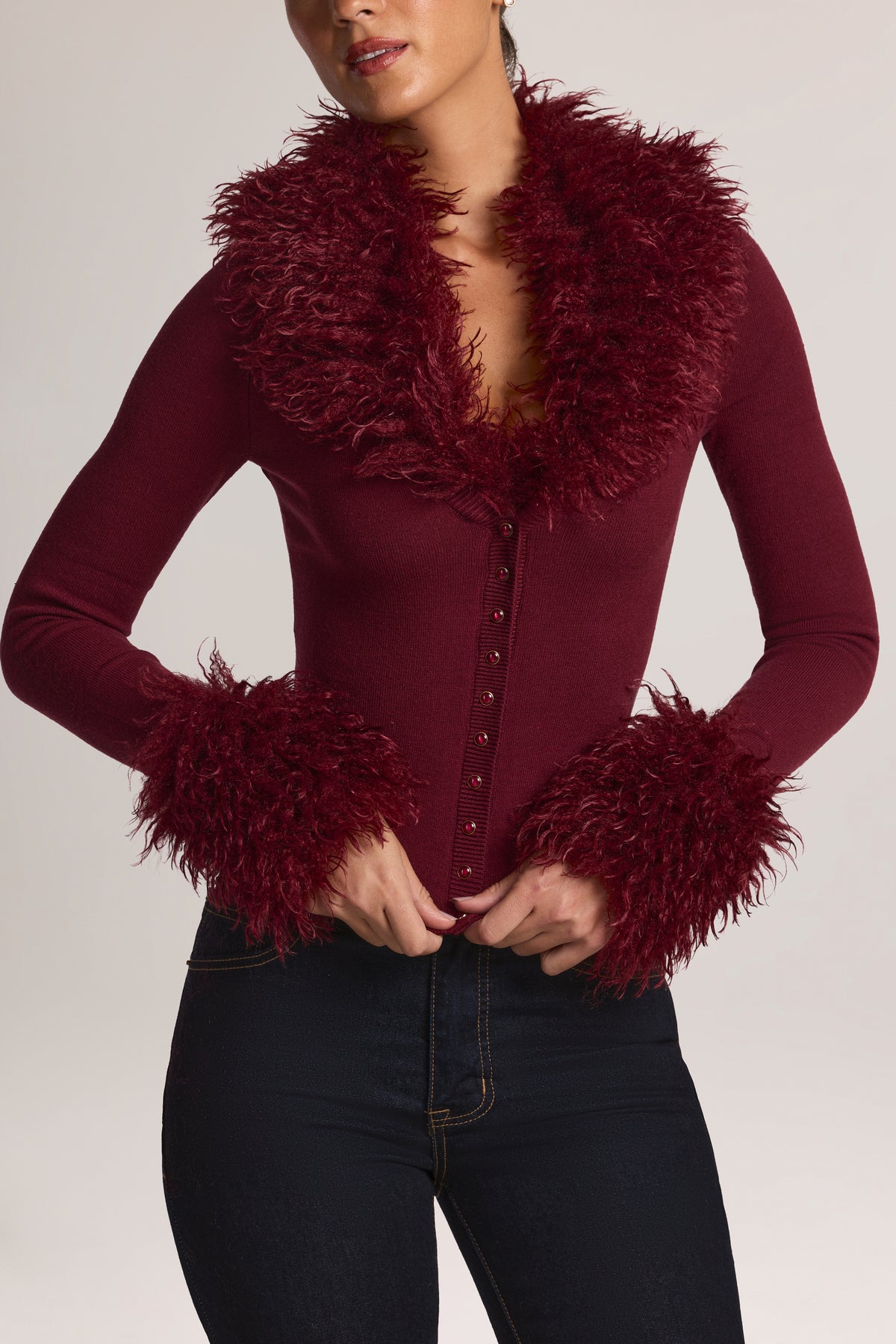 Mongolian Fur-Trim Cardigan in Wine - 1