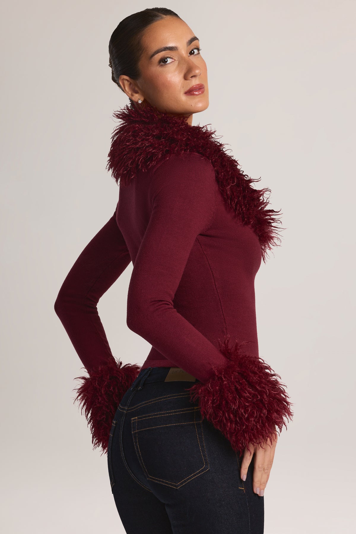 Mongolian Fur-Trim Cardigan in Wine - 2