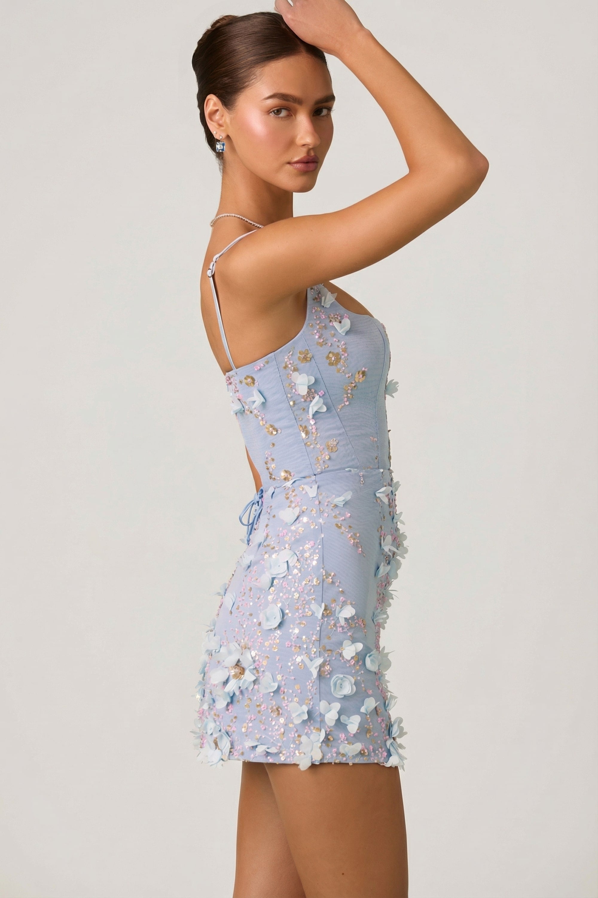 embellished corset mini dress Stacees Sequin Homecoming Short with Spaghetti Straps while subtle ruching at the side adds flattering texture Beige lace corset mini dress