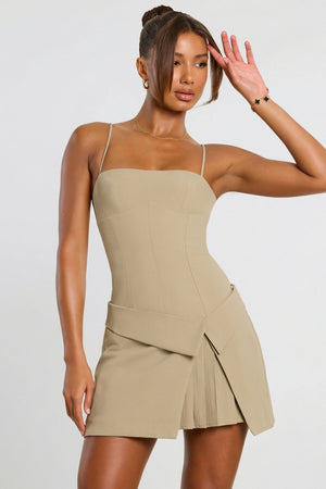 Oh Polly's Kiele wearing the Bruna Mini Dress in Taupe Twill Suiting fabric perfect for a night out