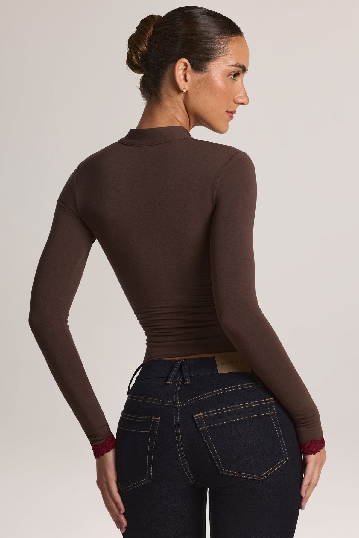 Modal Lace-Trim Long-Sleeve Top in Chocolate Brown - 2