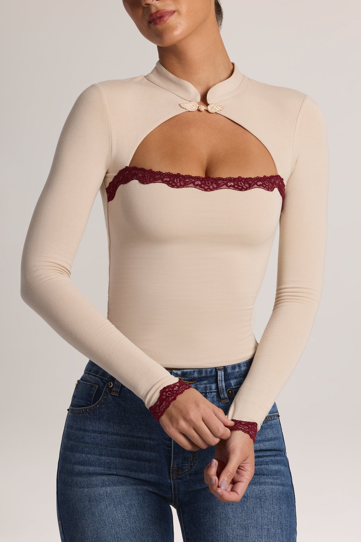 Modal Lace-Trim Long-Sleeve Top in Oat - 1