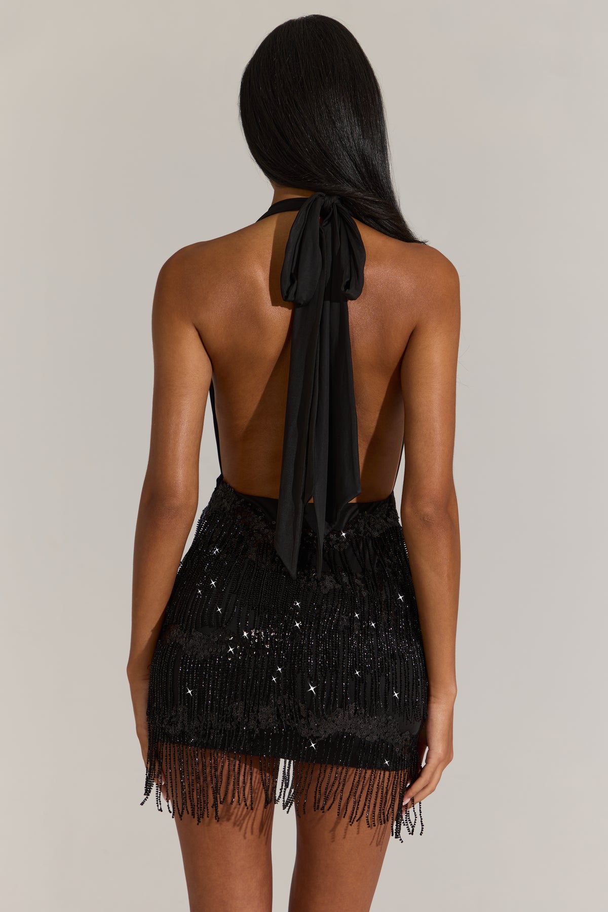 Fringed Skirt Halterneck Mini Dress in Black