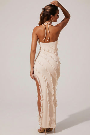 Oh Polly's Priscilla wearing the Calico Maxi Dress in Ivory Mesh fabric perfect for engagement celebrations
