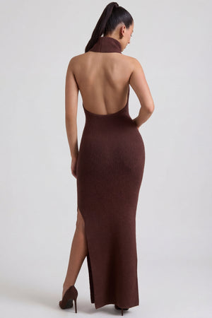 Oh Polly's Sarah wearing the Calissa Maxi Dress in Espresso Knitwear fabric perfect for elegant dinner dates