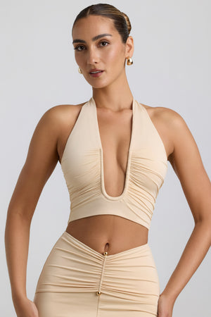 Slinky Jersey Ruched Halterneck Top in Buttercream