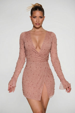 Embellished Wrap Over A-Line Mini Dress in Beige - 4 | Oh Polly Embellished Wrap Over A-Line Mini Dress in Beige - 4 | Oh Polly