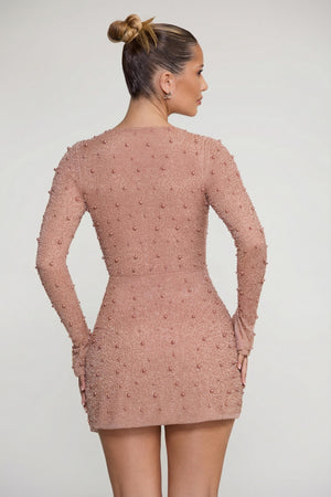 Embellished Wrap Over A-Line Mini Dress in Beige - 4 | Oh Polly Embellished Wrap Over A-Line Mini Dress in Beige - 4 | Oh Polly