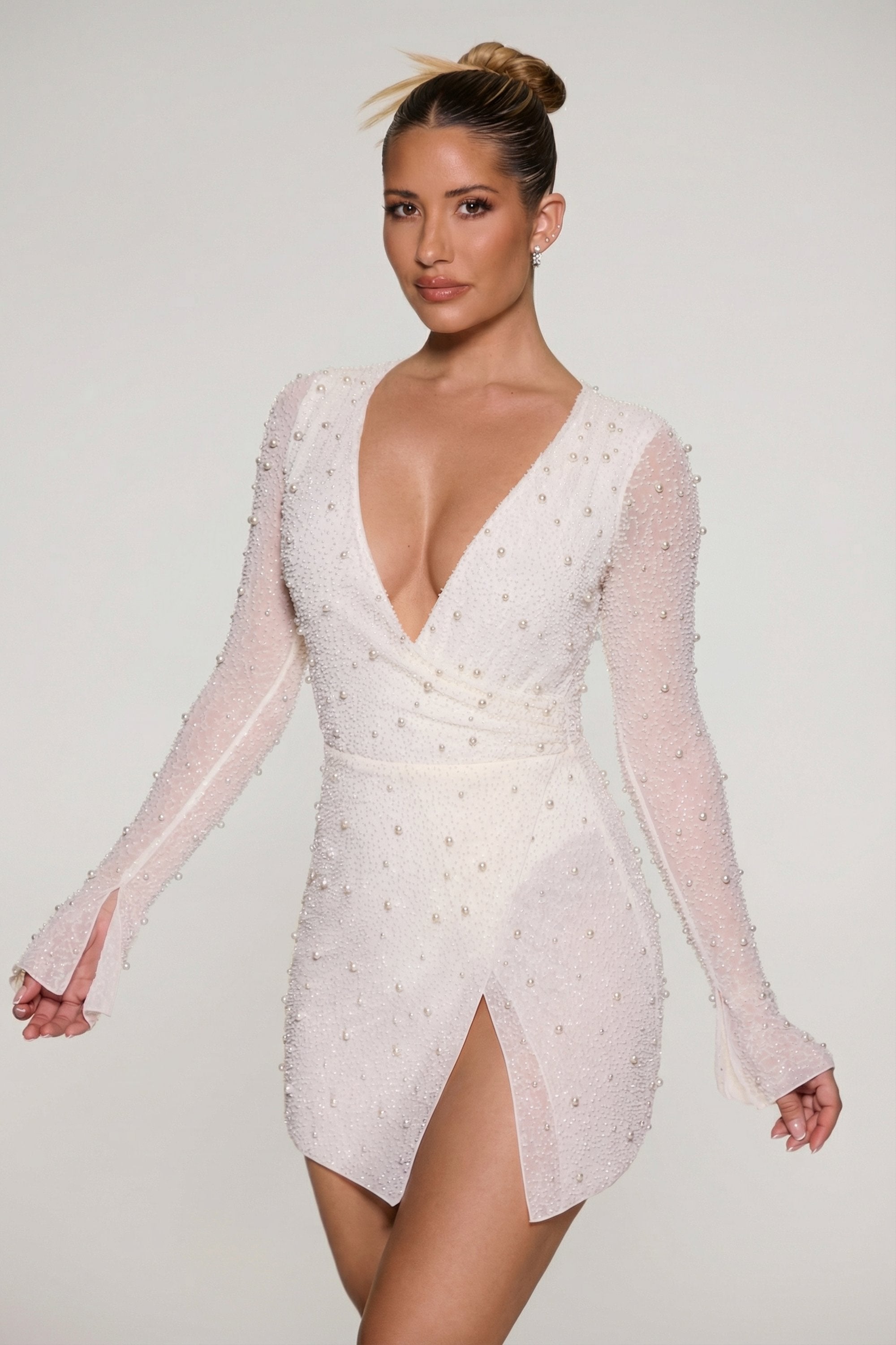 Embellished Wrap Over A-Line Mini Dress in Ivory - 4
