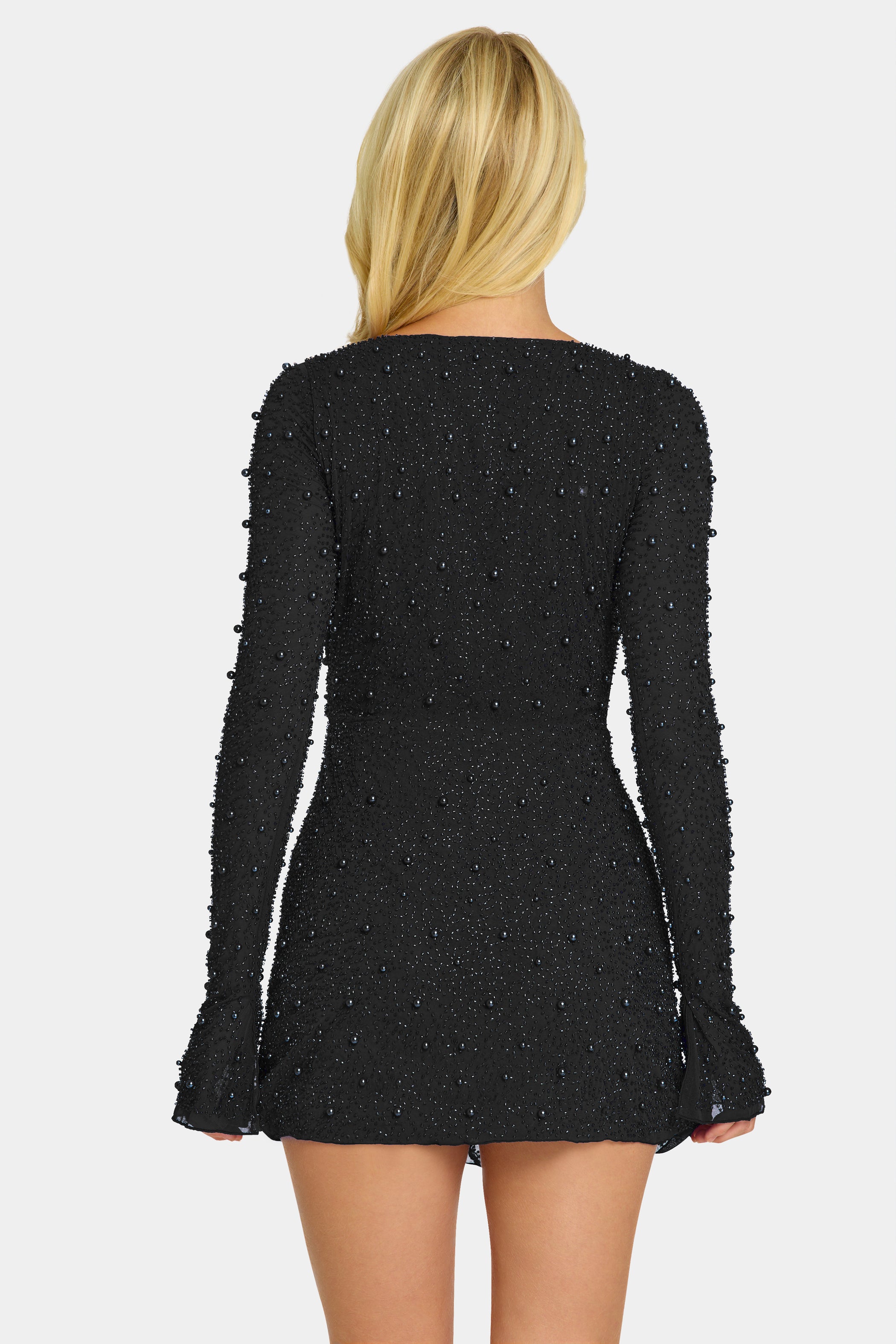 Chelsea Embellished Wrap Over A-Line Mini Dress in Black