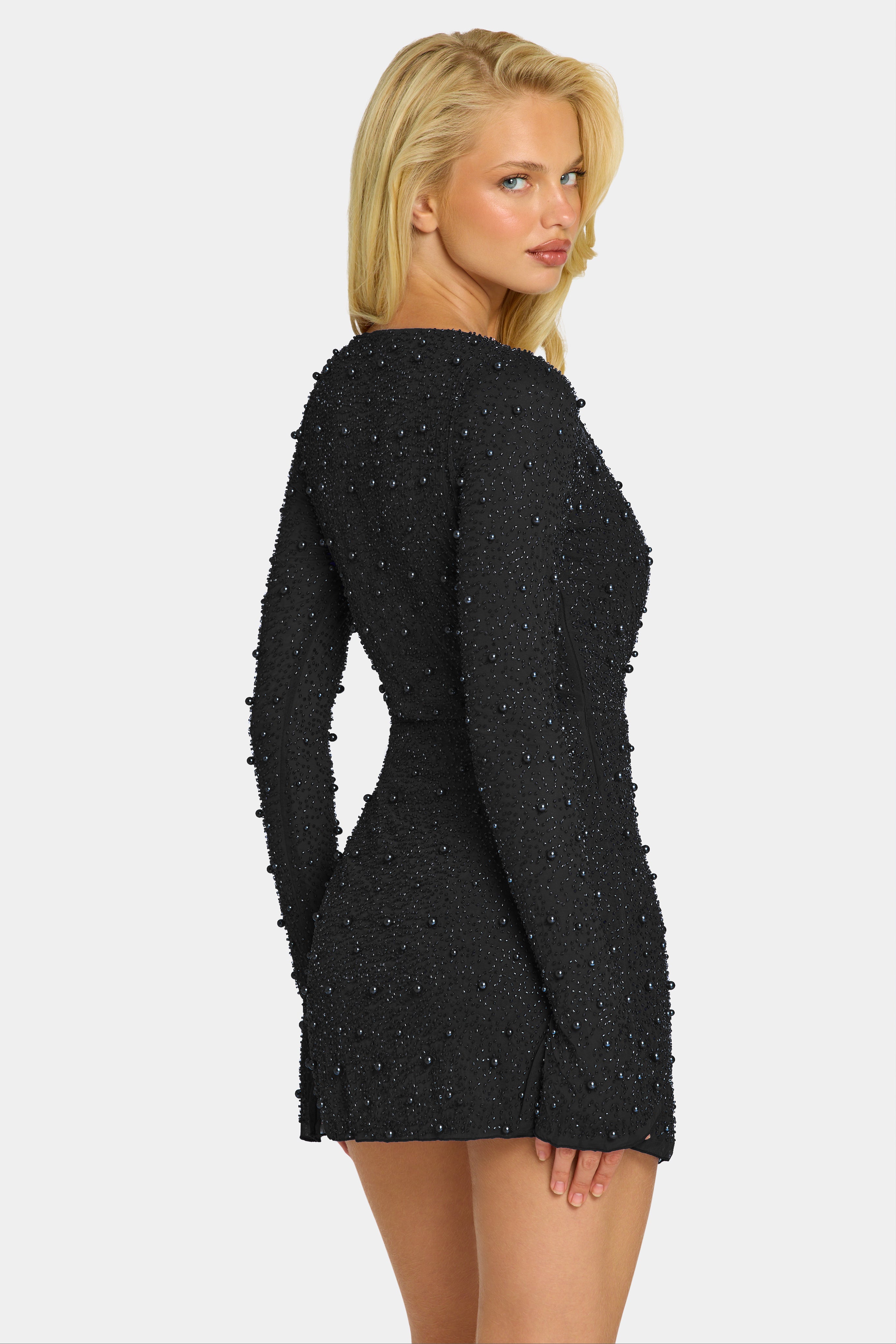Chelsea Embellished Wrap Over A-Line Mini Dress in Black